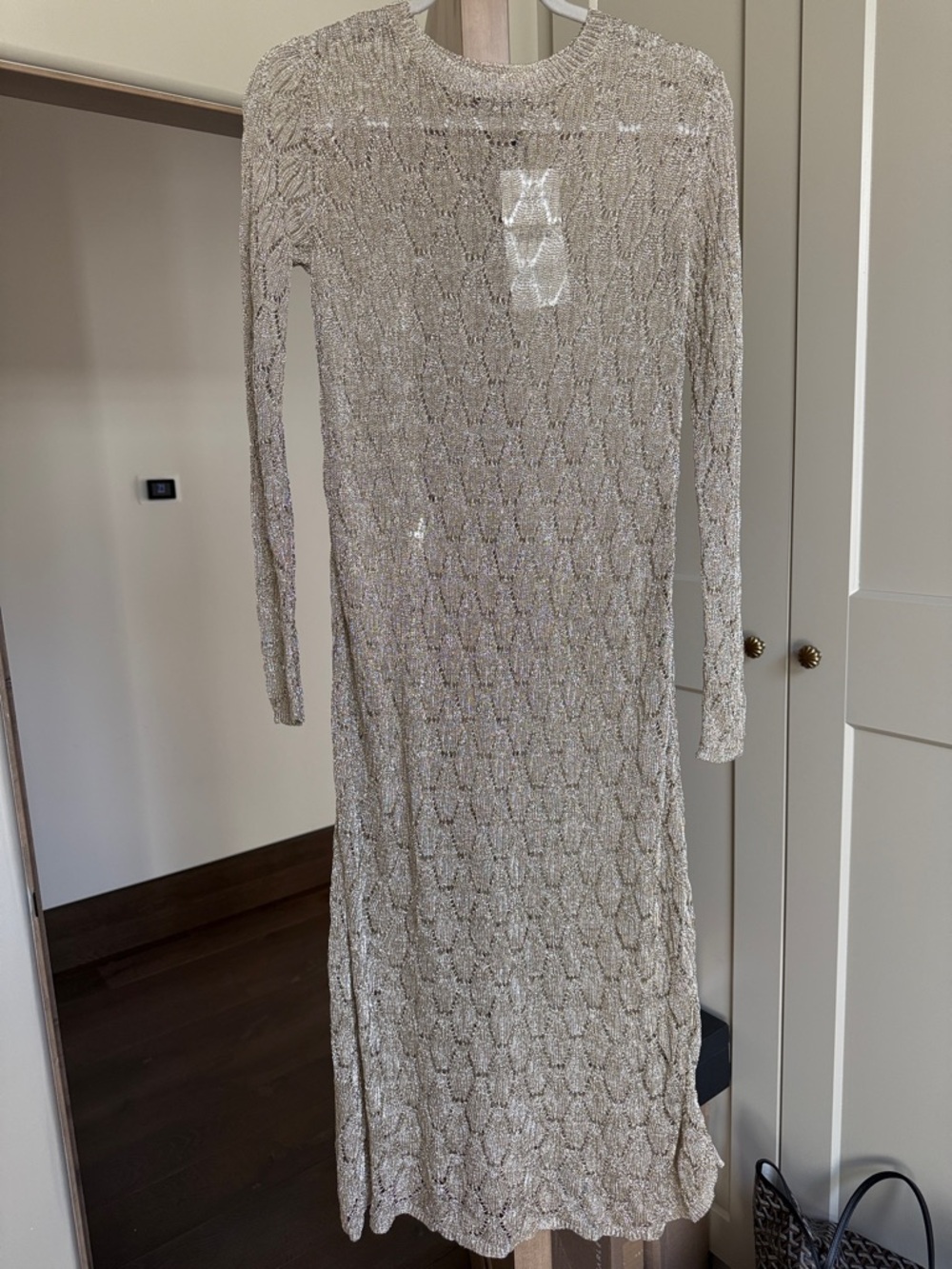 Zara Gold Long-Sleeve Knit Midi Dress